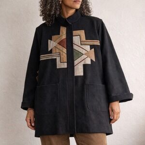 Osgood Smük Wool Coat XL Black Geometric Leather Appliqué READ